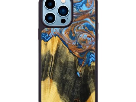 iPhone 14 Pro Max Wood+Resin Phone Case - Jazlyn (Teal & Gold, 635555) For Discount