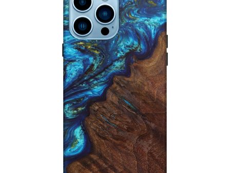 iPhone 14 Pro Max Wood+Resin Live Edge Phone Case - Geneva (Teal & Gold, 637035) on Sale