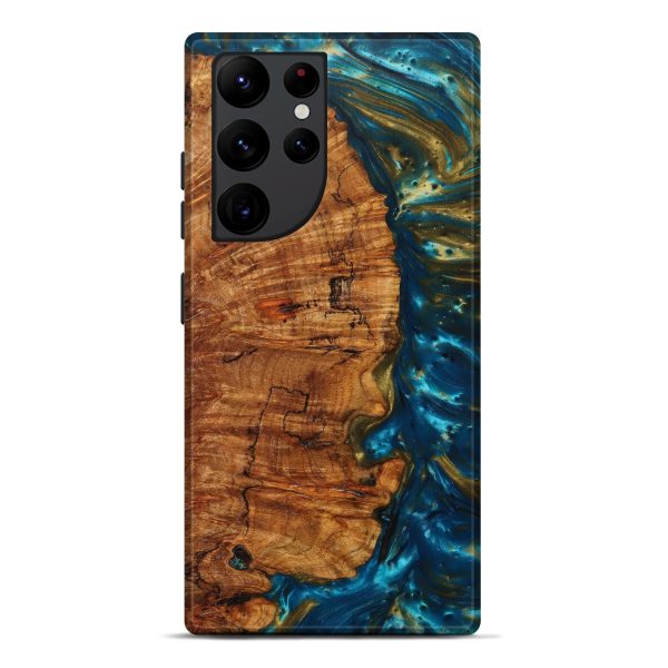 Galaxy S22 Ultra Wood+Resin Live Edge Phone Case - Glenda (Teal & Gold, 635963) Online now