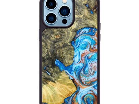 iPhone 14 Pro Max Wood+Resin Phone Case - Tyra (Teal & Gold, 636725) For Cheap