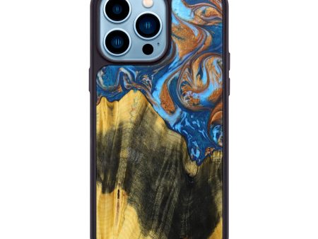 iPhone 14 Pro Max Wood+Resin Phone Case - Byron (Teal & Gold, 635552) Cheap