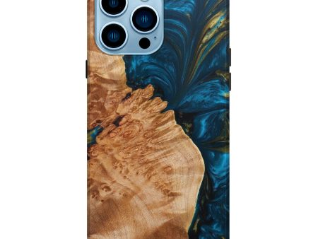 iPhone 14 Pro Max Wood+Resin Live Edge Phone Case - Grayson (Teal & Gold, 637359) Online Hot Sale