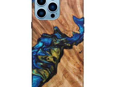 iPhone 14 Pro Max Wood+Resin Live Edge Phone Case - Mariet (Teal & Gold, 633278) Online Sale