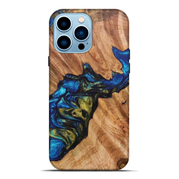 iPhone 14 Pro Max Wood+Resin Live Edge Phone Case - Mariet (Teal & Gold, 633278) Online Sale