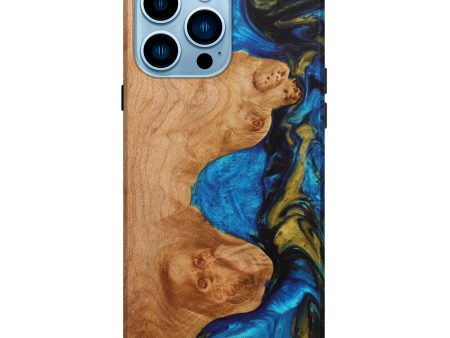 iPhone 14 Pro Max Wood+Resin Live Edge Phone Case - Darren (Teal & Gold, 631434) For Cheap