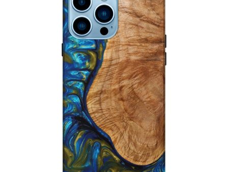 iPhone 14 Pro Max Wood+Resin Live Edge Phone Case - Amii (Teal & Gold, 633131) For Sale