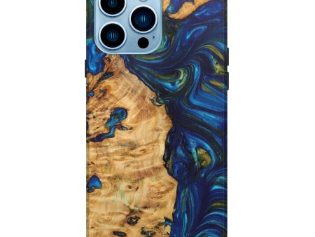 iPhone 14 Pro Max Wood+Resin Live Edge Phone Case - Catina (Teal & Gold, 636196) on Sale