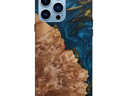 iPhone 14 Pro Max Wood+Resin Live Edge Phone Case - Dan (Teal & Gold, 636198) on Sale