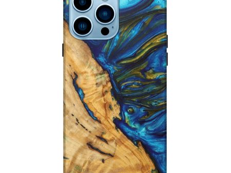 iPhone 14 Pro Max Wood+Resin Live Edge Phone Case - Curt (Teal & Gold, 631877) Discount