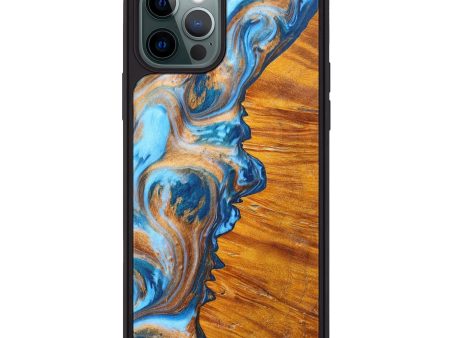 iPhone 12 Pro Wood+Resin Phone Case - Annika (Teal & Gold, 635324) For Cheap