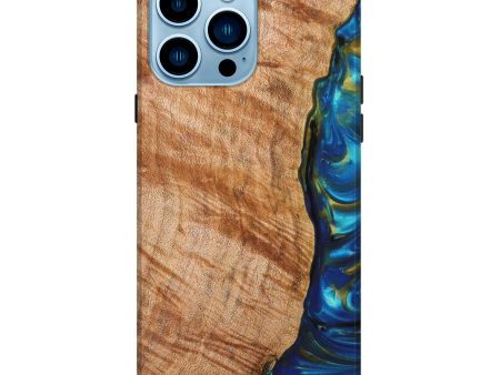 iPhone 14 Pro Max Wood+Resin Live Edge Phone Case - Ebba (Teal & Gold, 633146) Online