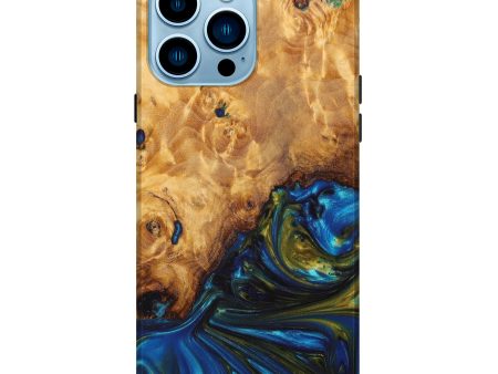 iPhone 14 Pro Max Wood+Resin Live Edge Phone Case - Krystyna (Teal & Gold, 633827) on Sale